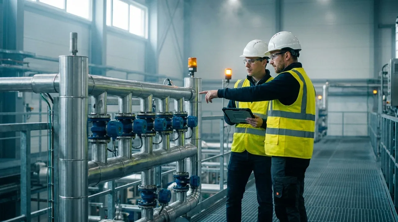 Zwei Ingenieure prüfen einen Rohrleitungsverteiler mit Stellantrieben in einer Prozessanlage